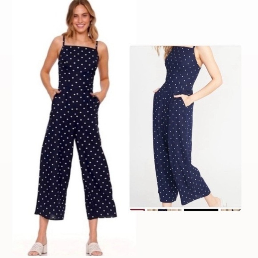 Old Navy Linen Blend Polka Dot Jumpsuit Navy Blue Wide Leg Smocked Back Medium